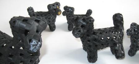 Up close view of recycled inner tube dogs.
